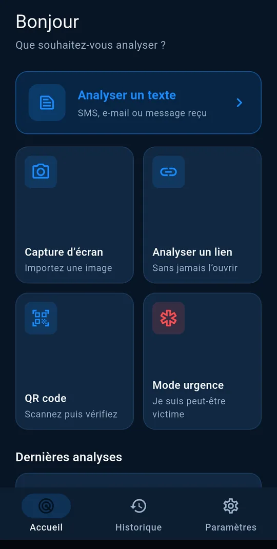 Écran d’accueil de ScamRadar : analyser un texte, un lien, un QR code ou une image