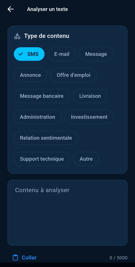 Écran « Analyser un texte » : choix du type de contenu et zone de saisie