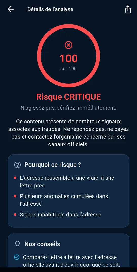 Résultat d’analyse : risque critique, 100 sur 100, avec l’explication des signaux détectés