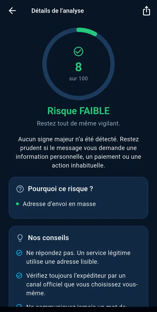Résultat d’analyse : risque faible, avec les signaux rassurants et la limite rappelée